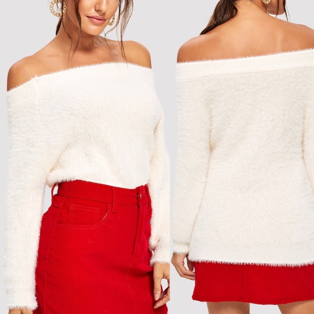 🆕White off shoulder fuzzy beautiful sweater - Picture 2 of 8